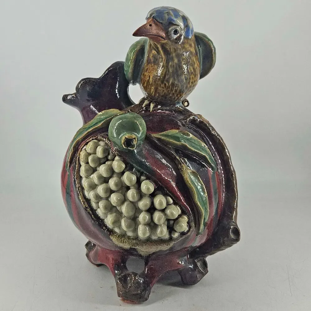 Vintage Chinese Shiwan Boyun Pottery bird on pomegranate Vase 11
